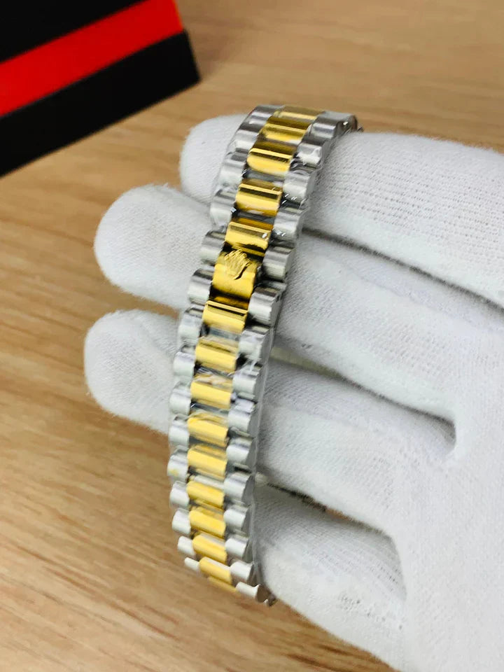 Rolex Pure Golden Silver with Red Dial Stainless Steel Watch